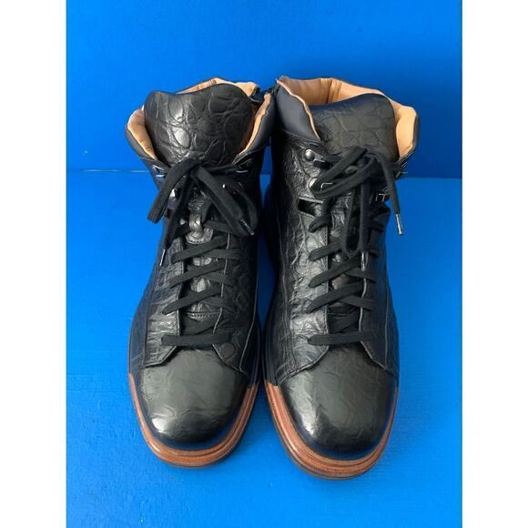 WORN 2x SANTONI EVEREST HIKING BOOT 8.5  D DERBY BURNISHED  Black  Croco main image 4